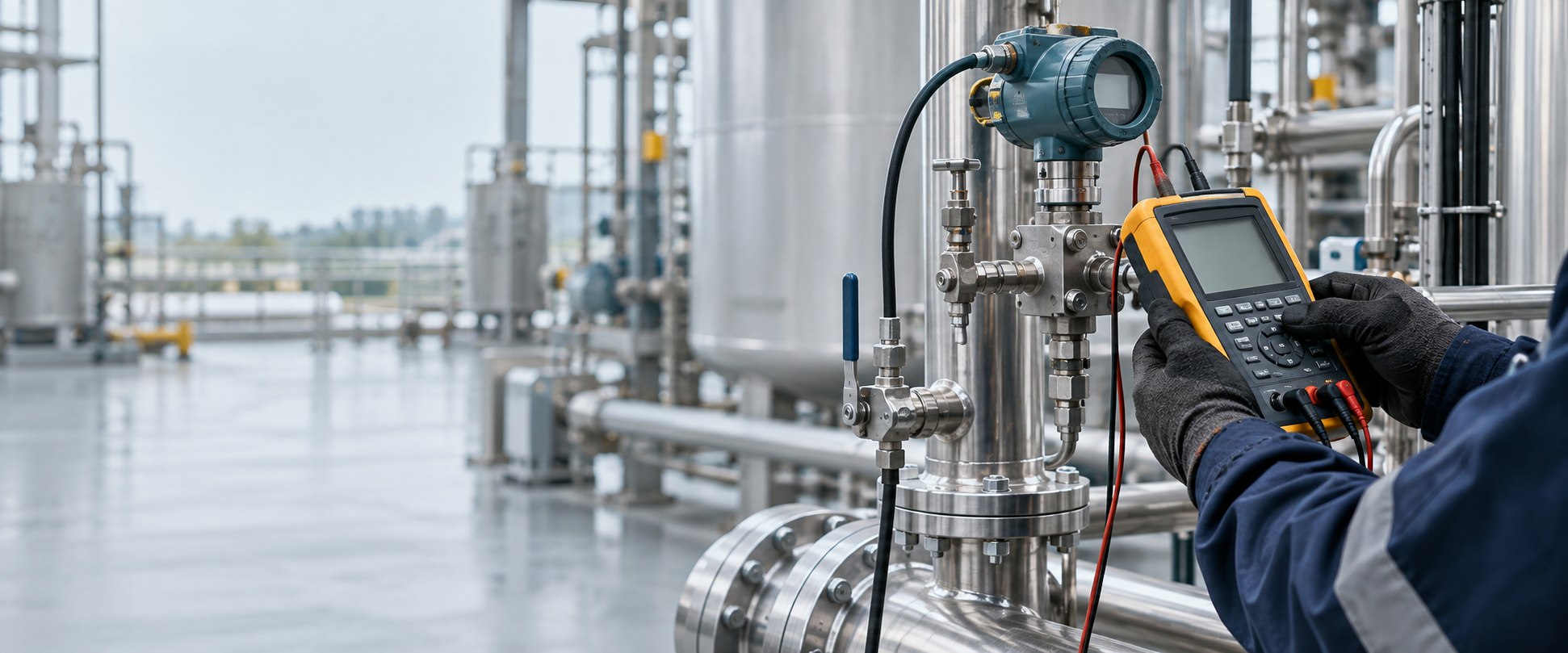 Technician calibrating an industrial process instrument